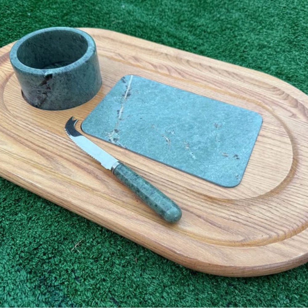 Wooden Cheese Board Set with Green Marble Accents